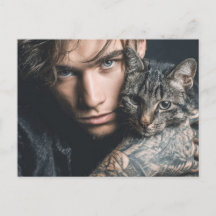 ハンサムな男性と猫のアートポストカード