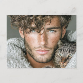 ハンサムな男性と猫のアートポストカード ポストカード