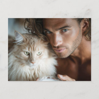 ハンサムな男性と猫のアートポストカード ポストカード