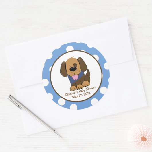 ハンサムな茶色の子犬の赤ちゃんシャワー好意ステッカー ラウンドシール (封筒)