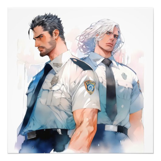 ハンサムな警察官ウォータカラーアニメ フォトプリント            (正面)