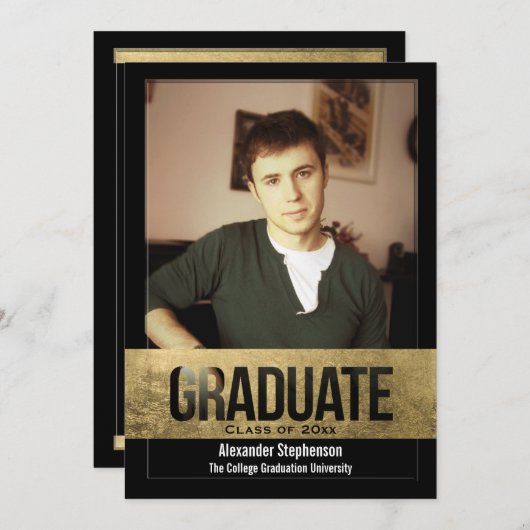 ハンサムな金箔切り出し効果写真卒業 招待状 (正面/裏面)