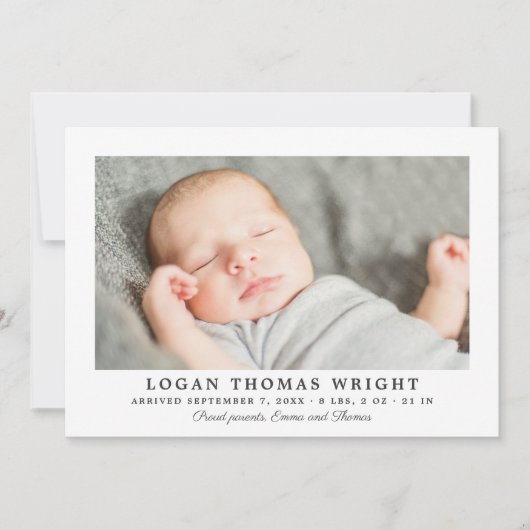 ハンサム炭ストライプ男の赤ちゃんフォト誕生 案内状 (正面)