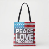 ハンズオフピースラブプログレスアメリカ国旗のグリッター トートバッグ (正面)