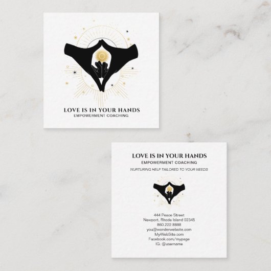 *~*ハンズハートブラック金ゴールド太陽宇宙エネルギー スクエア名刺 (正面/裏面)