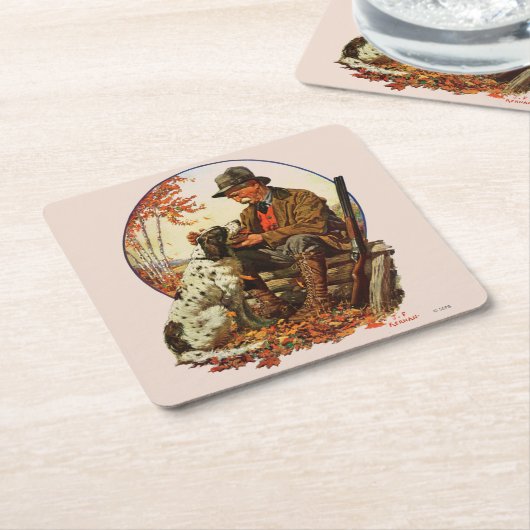 ハンターとスパニエル犬 スクエアペーパーコースター (アングル)