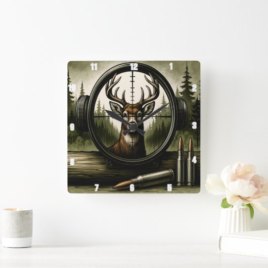 ハンターの鹿のスコープ野生生物林 スクエア壁時計 (ホーム)