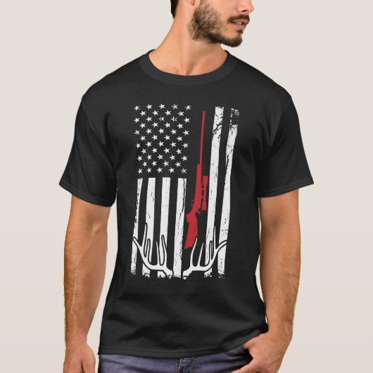 ハンターアメリカ国旗USA狩り鹿ギフト Tシャツ (正面)
