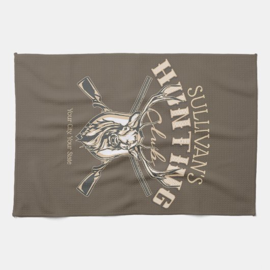 ハンターカスタムネームディアトロフィーライフル狩りクラブ キッチンタオル (横)