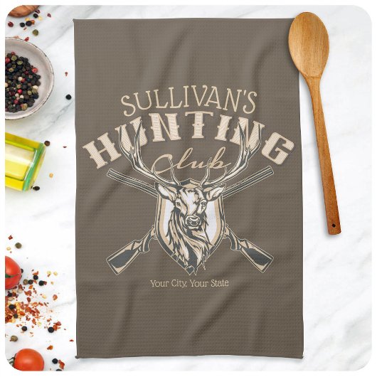 ハンターカスタムネームディアトロフィーライフル狩りクラブ キッチンタオル