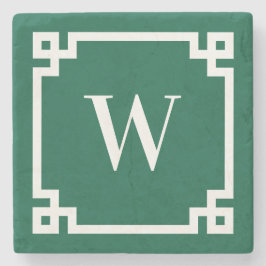 ハンターグリーンとホワイトのギリシャ鍵模様のボーダー モノグラム ストーンコースター