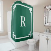ハンターグリーンとホワイトギリシャ鍵モノグラム シャワーカーテン (インサイチュ)
