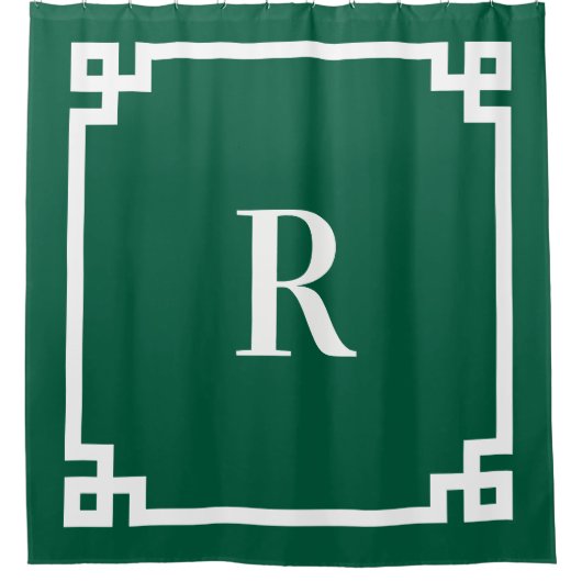 ハンターグリーンとホワイトギリシャ鍵モノグラム シャワーカーテン (正面)