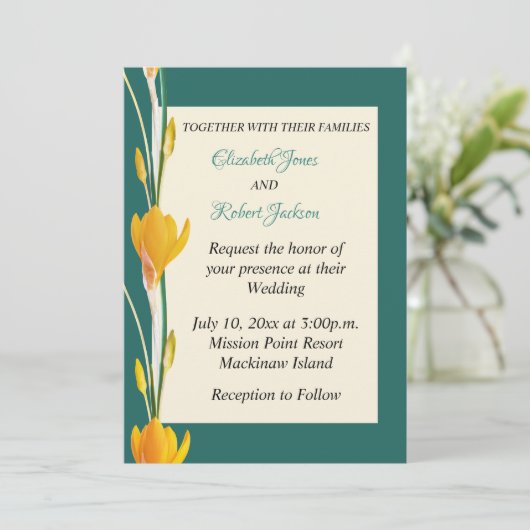 ハンターグリーンと金ゴールドフローラ結婚式招待状 招待状 (スタンド正面)