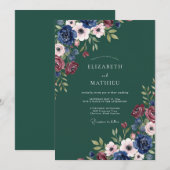 ハンターグリーンの大輪の花の結婚式 招待状 (正面/裏面)