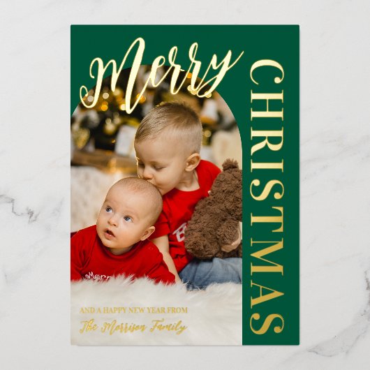 ハンターグリーンアーチフォトメリークリスマス金ゴールド 箔シーズンカード (正面)