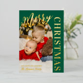 ハンターグリーンアーチフォトメリークリスマス金ゴールド 箔シーズンカード (立ち正面)
