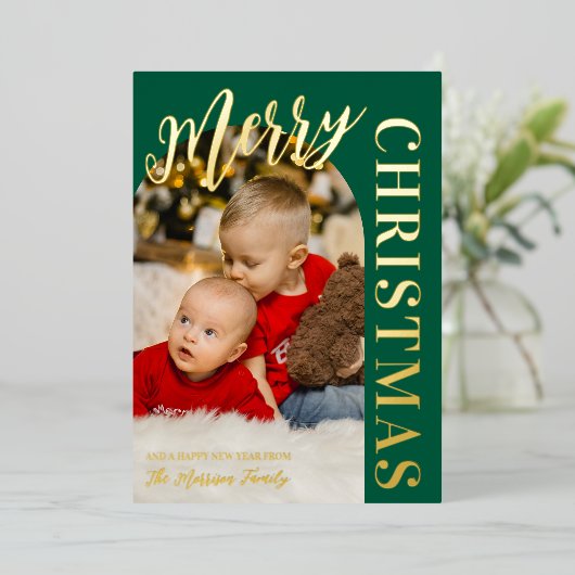 ハンターグリーンアーチフォトメリークリスマス金ゴールド 箔シーズンカード (立ち正面)