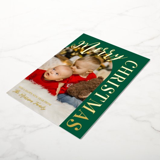 ハンターグリーンアーチフォトメリークリスマス金ゴールド 箔シーズンカード (回転した状態)