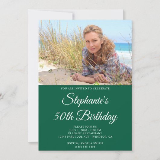 ハンターグリーンエレガントホワイトスクリプト50誕生日 招待状 (正面)