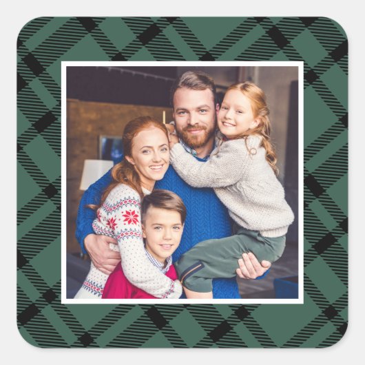 ハンターグリーンタータン柄 メリークリスマス フォト スクエアシール (正面)