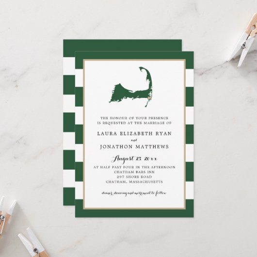 ハンターグリーンチャタム岬コッド地図/ハート結婚付き 招待状 (正面/裏面インサイチュ)
