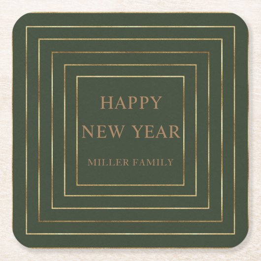 ハンターグリーンハッピーニューイヤーパーティー縁ど スクエアペーパーコースター (正面)