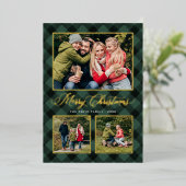 ハンターグリーンバッファロープレイドクリスマスフォトコラージュ 箔シーズンカード (立ち正面)