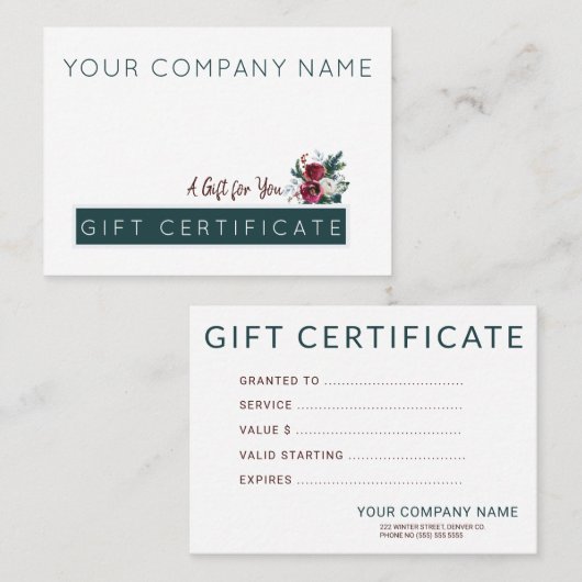 ハンターグリーンブルゴーニュのクリスマスプレゼント証明書 名刺 (正面/裏面)