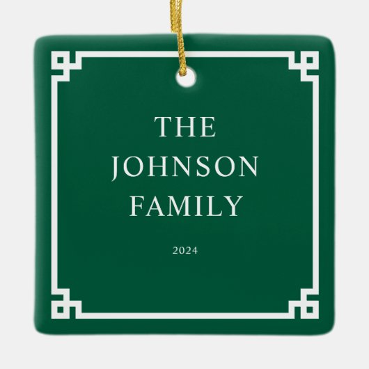 ハンターグリーンホワイトギリシャ鍵縁ど家族の写真 セラミックオーナメント (正面)