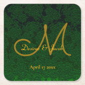ハンターグリーン金ゴールドウェディングレセプションモノグラム スクエアペーパーコースター (正面)