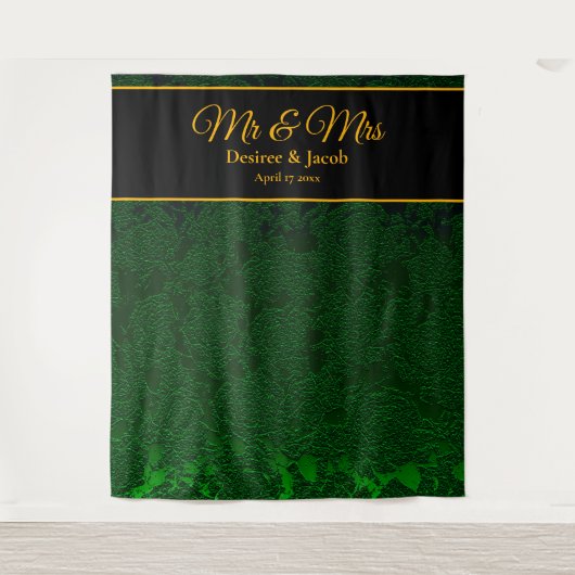 ハンターグリーン金ゴールドブラックフローラ結婚の背景 タペストリー (正面)