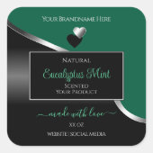 ハンターグリーン黒波銀ハート製品ラベル スクエアシール (正面)