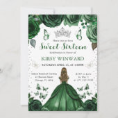 ハンターズグリーンのドレスを着たブロンドのプリンセス スイート16 招待状 (正面)