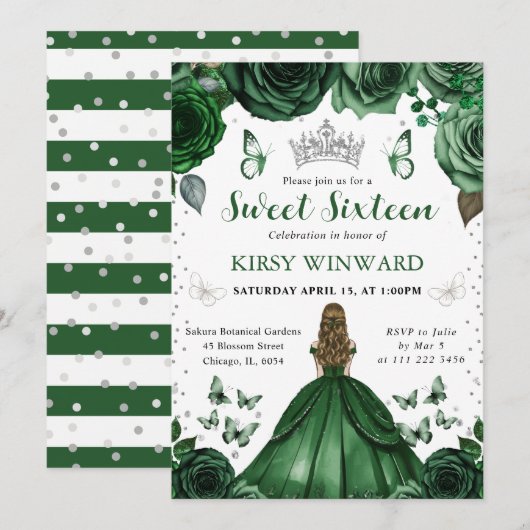 ハンターズグリーンのドレスを着たブロンドのプリンセス スイート16 招待状 (正面/裏面)