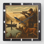 ハンターフィッシャーマンワイルドライフサンセット スクエア壁時計 (正面)