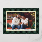 ハンターモダングリーンバッファロープレイドクリスマスフォト 箔シーズンカード (正面)