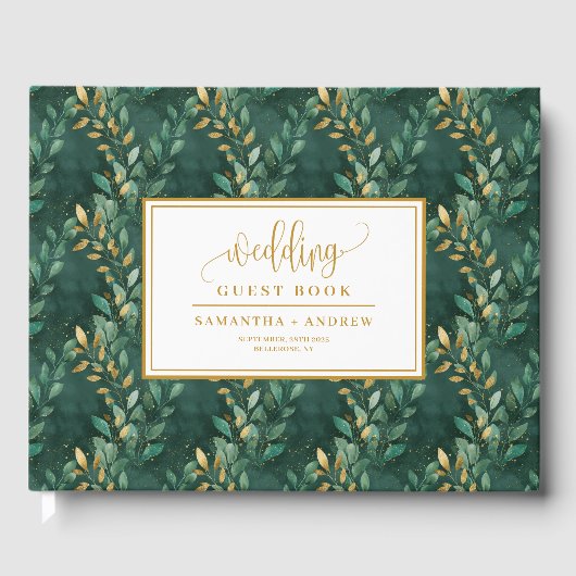 ハンター結婚グリーン金ゴールドの離れ客書 ゲストブック (正面)