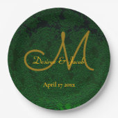 ハンター・グリーン・金ゴールド・ウェディング・レセプション・モノグラム ペーパープレート (正面)