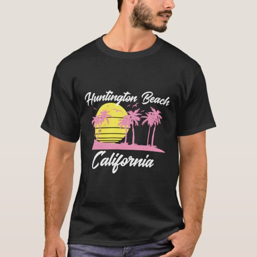 ハンティントンビーチカリフォルニアヴィンテージサンセットパームター Tシャツ (正面)