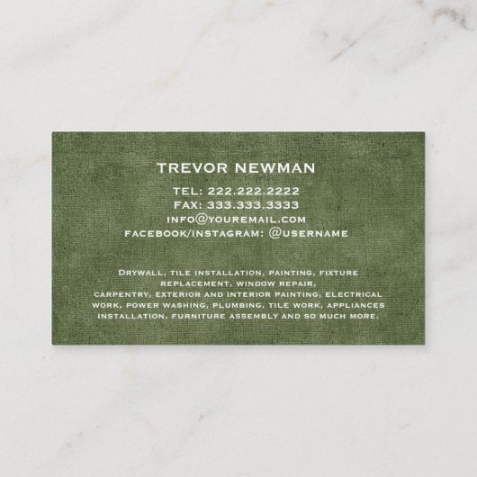 ハンディマンカーペンター建築グランジオリーブグリーン 名刺 (裏面)