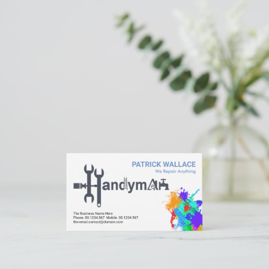 ハンディーマンツールモチーフ絵を描（ばちゃばちゃ）跳ねる 名刺 (スタンド正面)