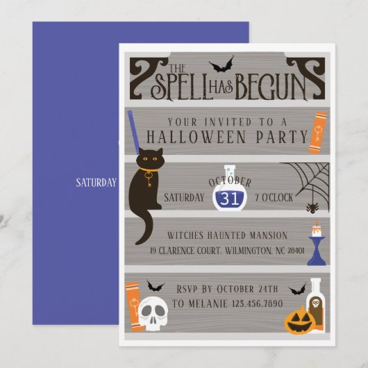 ハントされたハウス スペル ブックシェルフ ハロウィン パーティー 招待状 (正面/裏面)