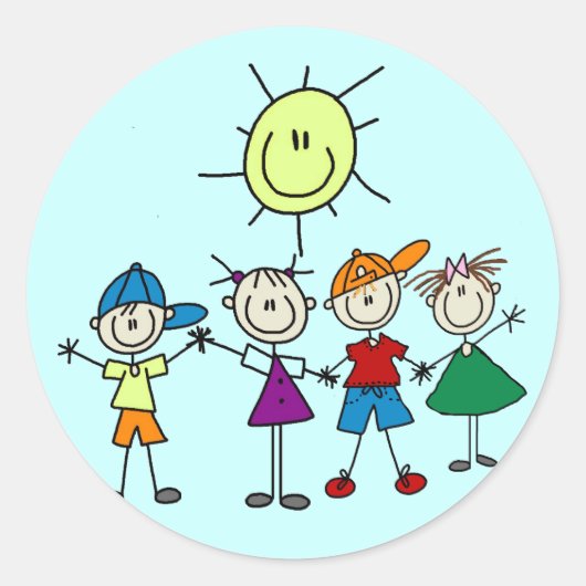 ハンドインハンドスティック図フィギュア子供Tシャツとギフト ラウンドシール (正面)