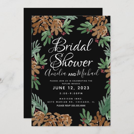 ハンドウォーターカラーピネコーンブラックブライダルシャワー 招待状 (正面/裏面)