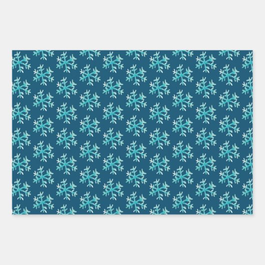 ハンドウォーターカラーブルースノーフレークスクリスマス ラッピングペーパーシート (正面3)