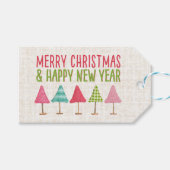 ハンドクラフトのクリスマスツリー、ピンク・赤・緑のリネン ギフトタグ (正面(横))