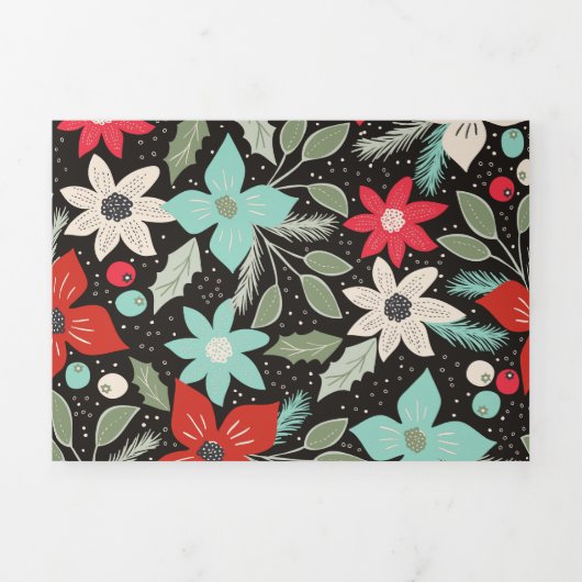 ハンドクリ絵を描ススマスポインセチア赤白アクア 三つ折りクリスマスカード (カバー)