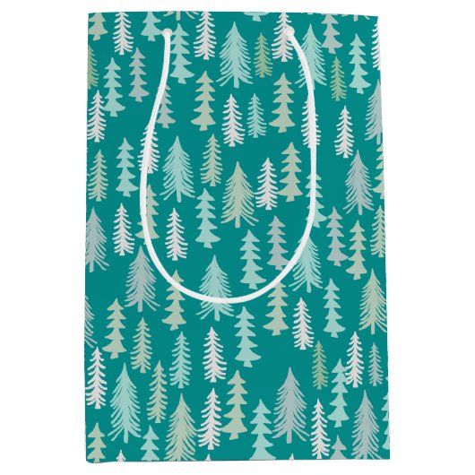 ハンドク絵を描リスマスツリーズアクアホワイトブルーティール（緑がかった色） ミディアムペーパーバッグ (正面)