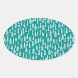 ハンドク絵を描リスマスツリーズアクアホワイトブルーティール（緑がかった色） 楕円形シール
